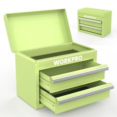 a green box with three drawers and the word workpro written on it in white