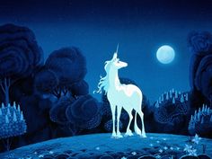 a unicorn standing on top of a lush green field under a full moon filled sky