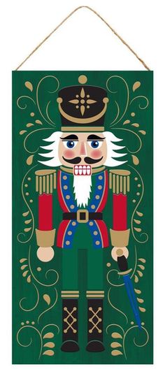 a wooden sign with an image of a nutcracker