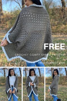 the crochet ponchy shawl is shown in three different pictures, including one