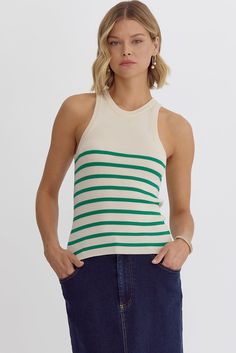 Summer ribbed tank with classic stripes. - 65% Viscose, 35% Nylon Model is 5'10" wearing a small Small 0-2/4, Medium 4-6/8, Large 8-10/12 Halter Neck Crop Top, Dinner Dates, Knitted Vest, Ribbed Knit Top, Iron Material, Happy Socks, Casual Stripes, Neck Crop Top, Knitted Tank Top