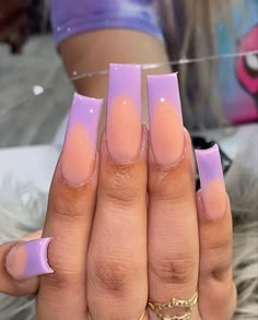 Purple French Tip Nails Coffin Short, Cute Lavender Nails French Tip, Lavender Nails Birthday, Perpul Nails Designs, Nails Acrylic Purple Lavender French Tip, Lavender Purple French Tip Nails, Purple French Tip Nails Acrylic Square, Short French Tip Acrylic Nails Purple, French Tip Lavender Nails