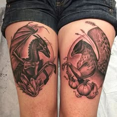 two people with tattoos on their legs, one is holding an umbrella and the other is wearing shorts