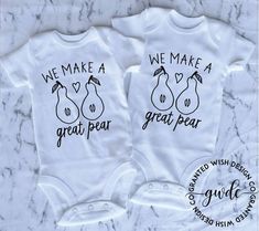 We Make A Great Pear Twin Bodysuits set!  Super cute as a gift for the new twins!   Please leave the color you would like us to use for your design in the notes to seller section at checkout! We are now exclusively using Simple Joys by Carters brand white Baby Bodysuits for all orders. Great quality Funny White Onesie As A Gift, Family Matching Custom Print Onesie For Gender Reveal, Cute Custom Print Onesie For Gender Reveal, Funny White Onesie As Gift, Cute Bodysuit For Mother's Day Gift, Cute Personalized Bodysuit As Gift, Funny Fitted Onesie For Gift, Funny Fitted Onesie As Gift, Funny White Onesie Gift