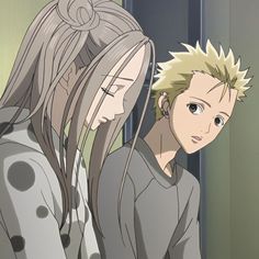 two anime characters standing next to each other in front of a door and looking at the camera