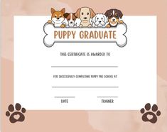 a certificate for a puppy graduate with four puppies in the center and a dog bone on it