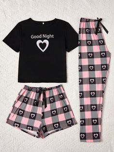 3pcs Letter, Heart & Plaid Print Pajama Set, Including Round Neck Short Sleeve T-Shirt, Elastic Waist Shorts And Casual Pants, Comfortable Sleepwear For Women Multicolor Casual-Young    Geometric,Letter,Plaid Pant Sets Slight Stretch All Women Sleep & Lounge, size features are:Bust: ,Length: ,Sleeve Length: Matching Pants Set, Casual Basics, Elastic Shorts, Elastic Waist Shorts, Print Pajamas, Pajama Set Women, Round Neck Tops, Pyjama Set, Short Pajama Set