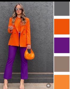 Purple Colorblock Outfit, Purple Color Combinations Outfit, Orange Blazer Outfits, Contrast Outfit, Color Combos Outfit, Orange Blazer, Color Blocking Outfits