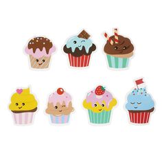 an assortment of cute cupcakes with different toppings on them, all in various shapes and sizes