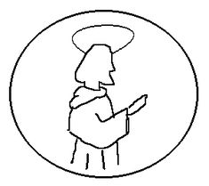 a black and white line drawing of a man in a hat looking at his cell phone