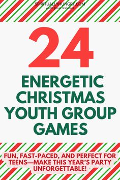 the poster for the christmas youth group games is shown in red, green and white