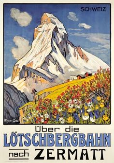 an old poster advertising the swiss mountain resort in switzerland, with flowers growing on it