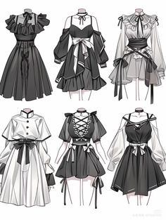 four different styles of dresses with bows on the waist and shoulders, all in black and white