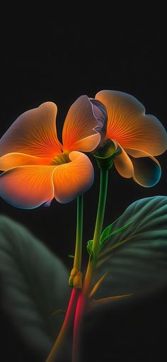 two orange flowers with green leaves on a black background