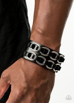 Throttle It Out - Black Black leather laces thread through two rows of bold silver links across the front of a thick black leather band for a gritty look. Features an adjustable snap closure. Sold as one individual bracelet. Paparazzi Jewelry Images, Accessories 2020, Paparazzi Accessories Jewelry, Black Leather Bracelet, Snap Bracelets, Leather Crafts, Silver Frames, Unisex Bracelets, Band Bracelet