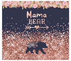 there is a bear that is standing in front of some pink flowers and glitters