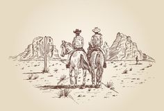 two cowboys riding horses in the desert, hand drawn illustration on beige background - stock photo