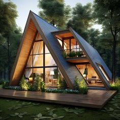 a - frame house in the woods is designed to look like an upside down cabin