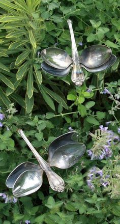 three spoons are sitting in the middle of some flowers