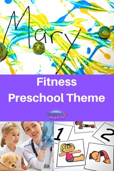 a child's hand holding a teddy bear next to the words fitness preschool theme