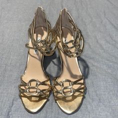 Brand New With Tags Has Some Light Scuff Marks From Handling Nothing Major Excellent Holiday Shoes , No Odors , Smoking Or Pets Gold Strappy Heels, Holiday Shoes, Strappy Heels, Shoes Women Heels, Shoes Heels, Size 7, New York, Women Shoes, Brand New