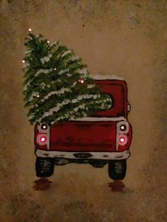 a painting of a red truck with a christmas tree on the back