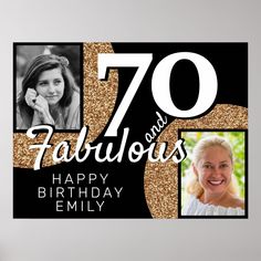 the 70th birthday card is decorated with gold glitter