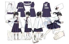 an anime character's dress and clothes are shown in various poses, with hands holding the