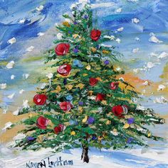 a painting of a christmas tree in the snow with red and white flowers on it