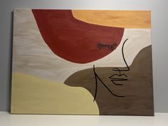 an abstract painting with a woman's face and red sun above her head on a white surface