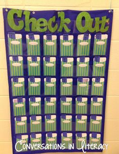 a bulletin board with green and white boxes on it that reads check out conversations in literature