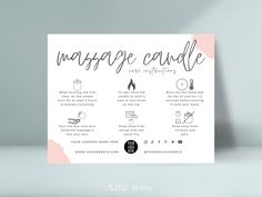 a poster with the words massage candle written in cursive writing on it, along with other items