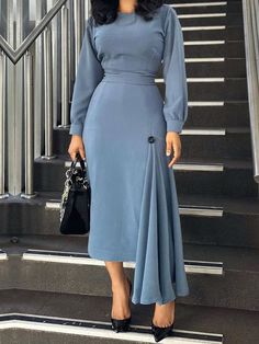 Stylewe offers stylish and concessional Dresses.. SPU: 1KDRBUB61C, Color: Grey-blue, Neckline:Crew Neck, Thickness:Regular. Round Neck Dresses, Striped Midi Dress, Clothes Women, Draped Dress, Lantern Sleeve, Types Of Dresses, Lantern Sleeves, Classy Dress, Modest Outfits