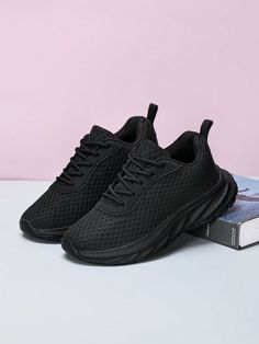 Unisex Kids' Breathable Mesh Casual Sports Sneakers With Laces, Anti-Slip Black Sporty    Plain    Kids Shoes, size features are:Bust: ,Length: ,Sleeve Length: Sporty Black Slip-on Sneakers With Breathable Fabric, Black Breathable Fabric Slip-on Sneakers, Casual Black Slip-on Sneakers With Breathable Fabric, Casual Gym Sneakers With Elastic Laces, Casual Sneakers With Elastic Laces For Gym, Black Casual Running Shoes For Gym, Casual Black Running Shoes For Gym, Casual Low-top Sneakers For Gym, Comfortable Lace-up Running Shoes For Gym