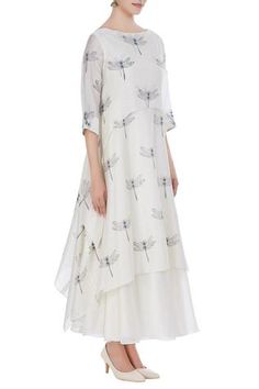 Shop for Taika by Poonam Bhagat Off White Chanderi Anarkali With Asymmetric Kurta for Women Online at Aza Fashions Elegant White Anarkali Set With Printed Motifs, White Designer Maxi Kurta, White Dresses With Printed Motifs For Designer Wear, Designer White Dresses With Printed Motifs, Anarkali Sleeveless, Flared Anarkali, Chanderi Anarkali, Asymmetric Kurta, Embroidered Dragon