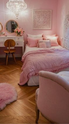 a bedroom decorated in pink and white with a chandelier