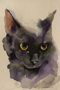 a watercolor painting of a black cat with yellow eyes and an intense look to it's face