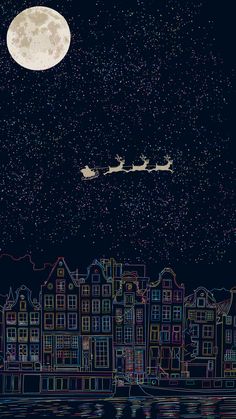 a drawing of santa's sleigh in the sky over a city at night