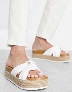 ASOS DESIGN Teegan knotted flatform sandals in white | ASOS White Sandals With Textured Sole For Summer, White Textured Sole Sandals For Vacation, White Flat Heel Synthetic Footbed Sandals, White Synthetic Flat Heel Footbed Sandals, White Toe Post Sandals With Textured Footbed, White Textured Toe Post Sandals, White Platform Footbed Sandals, Trendy White Adjustable Wedge Sandals, White Platform Footbed Sandals For Vacation