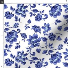 a blue and white flower pattern on a white background