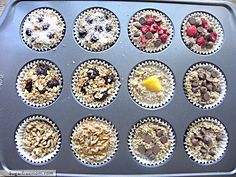 a muffin tin filled with lots of different types of desserts on top of it