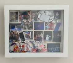 a white frame filled with pictures and magnets