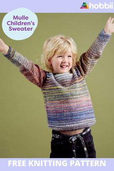 Get started on this DIY project on Mulle Children’s Sweater Knitting Pattern. Mulle is a pretty children’s sweater with stripes. The sweater is knit with two different colors of Winter Glow, which adds an amazing play of colors.  The sweater comes in sizes 4, 6, 8, 10, and 12 years old.  Have fun!The pattern for Mulle Children’s Sweater can be downloaded for free Free Childrens Knitting Patterns, Sweater With Stripes, Kids Sweater Pattern, Yarn Crafts For Kids, Intermediate Knitting Patterns, Super Chunky Knit, Sweater Knitting Pattern, Knitting Wool, Knitting Girls