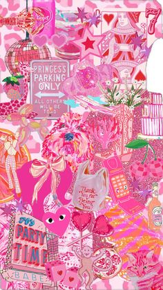 a pink painting with lots of different things on it