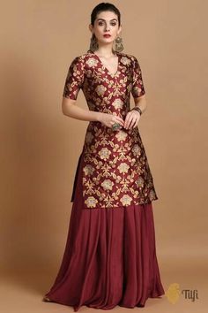 From Saree To Kurti, Banarasi Patiala Suit, Brocade Outfits Indian, Tissue Fabric Dress Design, Brocade Dress Designs, Indo Western Dresses, Silk Kurti Designs, Sunny Winter, Long Gown Design