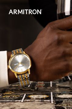 This holiday season, give the man in your life a watch that's as stylish as he is. With the MILES™ 42mm Gold & Silver analog watch, you're getting a stunning piece that's perfect for men's stocking stuffers, and a gift he'll cherish for years to come. Don't settle for ordinary presents when you can give the extraordinary. Shop men's gifts at Armitron now! Mens Watches Classy, Mens Fashion Fall Outfits, Mens Casual Watches, Men's Gifts, Mens Digital Watches, Mens Dress Watches