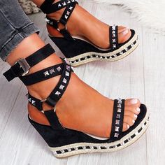 Mollyshoe Daily Numy Wedge Rock Studs Sandals Womens Gladiator Sandals, Heels Platform, Leather Man, High Heel Wedges, Wrap Heels, Womens Sandals Wedges, Strappy Wedges, Studded Sandals, Womens Wedges