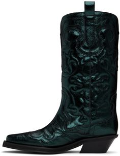 Mid-calf crinkled faux-leather boots in metallic green. · Graphic pattern embroidered throughout · Pointed toe · Pull-loops at collar · Buffed faux-leather lining · Stacked faux-leather block heel · Faux-leather sole · Heel: H1.5 Supplier color: Climbing ivy Climbing Ivy, Metallic Boots, Logo Shoes, Green Boots, Embroidered Boots, Faux Leather Boots, Leather Block Heels, Tall Boots, Western Boots