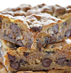 chocolate chip cookie bars stacked on top of each other