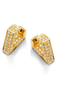 Double down on shine with these mini diamond-shaped huggie hoop earrings handcrafted with pavé diamonds and 18-karat gold. Hinge with snap-post closure Total diamond weight: 0.75ct. Color: G Clarity: VS 18k gold/diamond Made in Belgium >Diamond Guide Luxury Single Huggie Earring, Luxury Huggie Earrings, Luxury Diamond Cut Huggie Earrings, Luxury Pave Setting Hoop Earrings As Gift, Luxury Hoop Earrings With Pave Setting For Gift, Luxury Hoop Earrings With Pave Setting As Gift, Luxury Huggie Diamond Earrings, Luxury Cubic Zirconia Huggie Earrings, Luxury Small Hoop Huggie Earrings